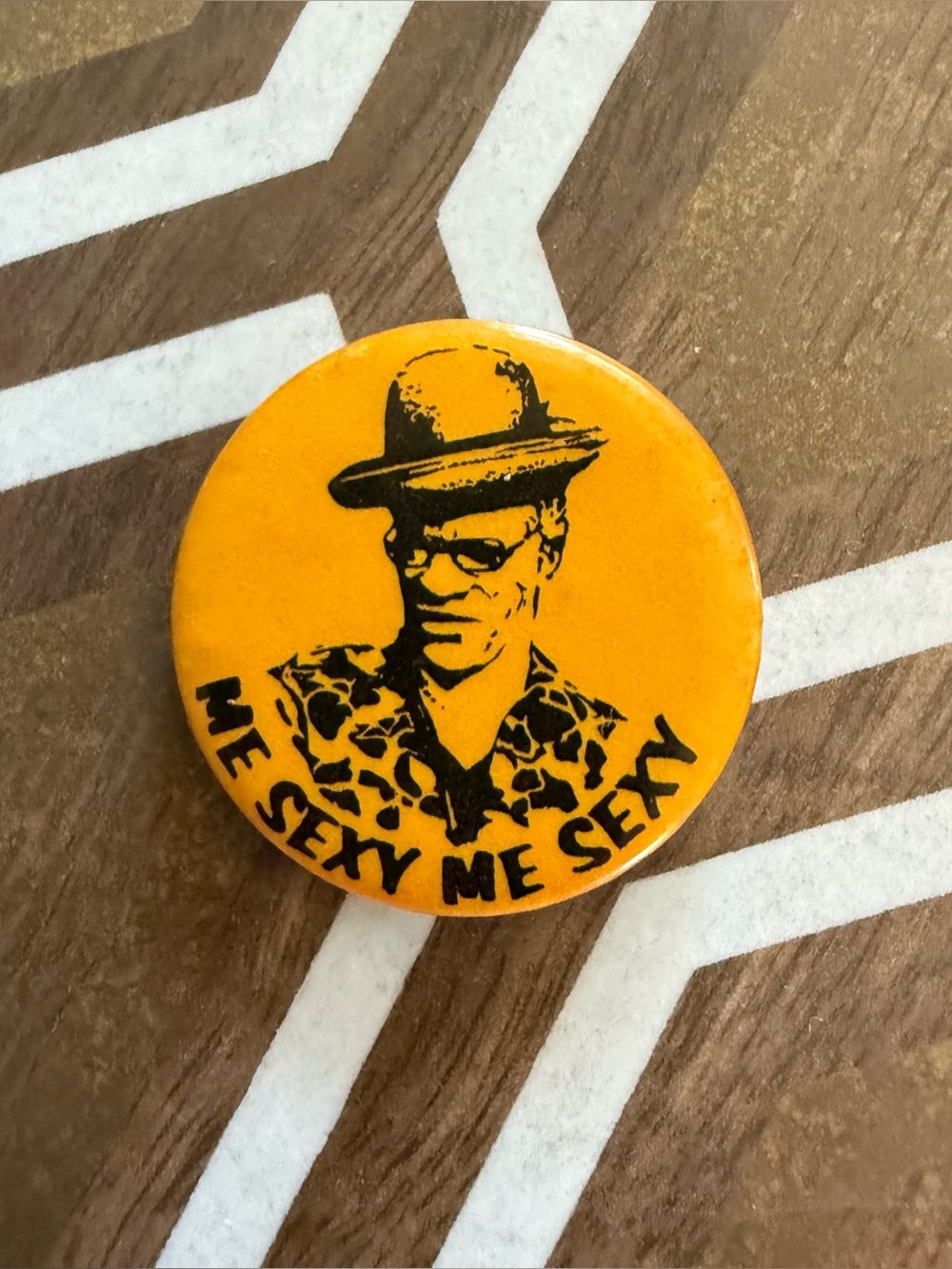 Yellow 'Me Sexy Me Sexy' Round Pin Button - Men's Accessory